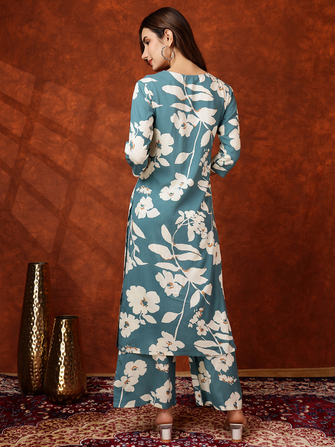 Botanical Printed Kurta With Palazzo Pant, Turquoise - Hiral Fashion - Distacart