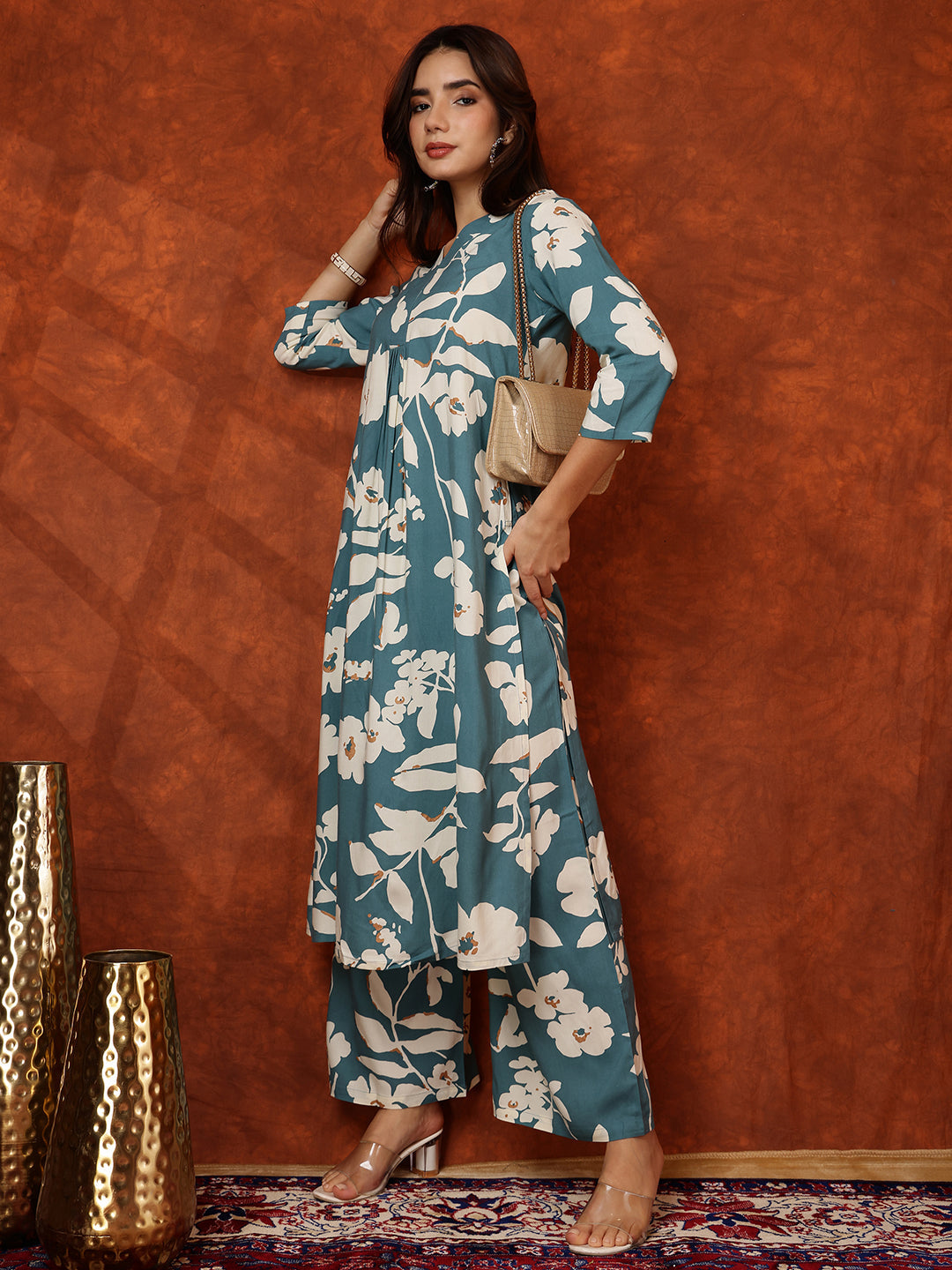 Botanical Printed Kurta With Palazzo Pant, Turquoise - Hiral Fashion - Distacart