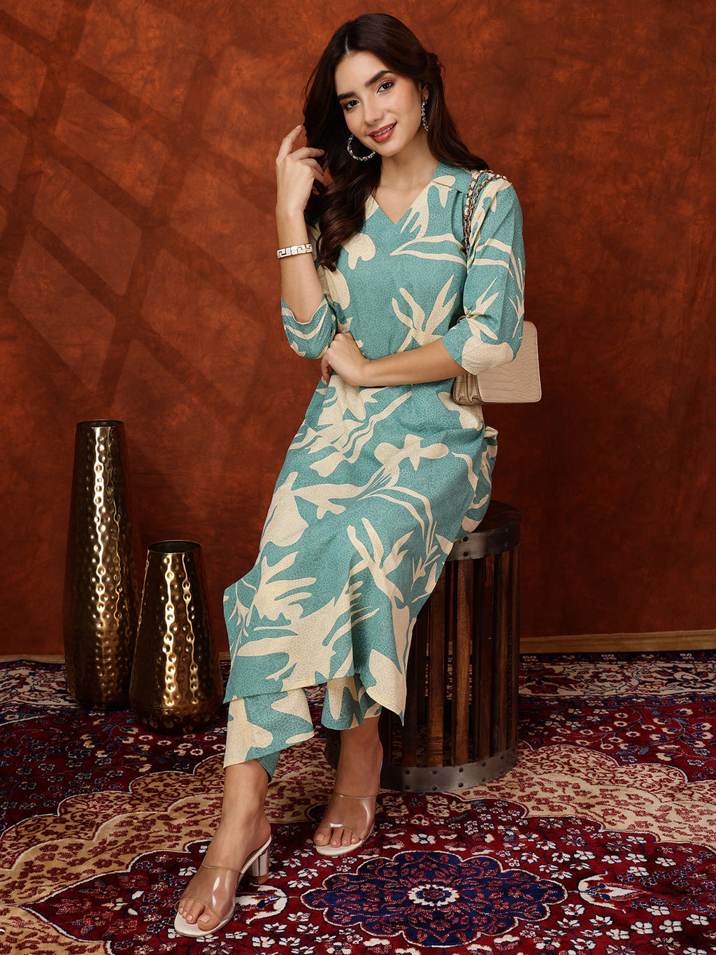 Floral Printed Designer Collared Kurta With Palazzo, Turquoise - Hiral Fashion - Distacart