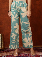 Floral Printed Designer Collared Kurta With Palazzo, Turquoise - Hiral Fashion - Distacart