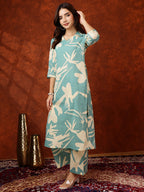 Floral Printed Designer Collared Kurta With Palazzo, Turquoise - Hiral Fashion - Distacart