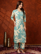 Floral Printed Designer Collared Kurta With Palazzo, Turquoise - Hiral Fashion - Distacart
