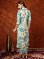 Floral Printed Designer Collared Kurta With Palazzo, Turquoise - Hiral Fashion - Distacart