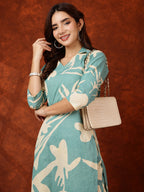 Floral Printed Designer Collared Kurta With Palazzo, Turquoise - Hiral Fashion - Distacart