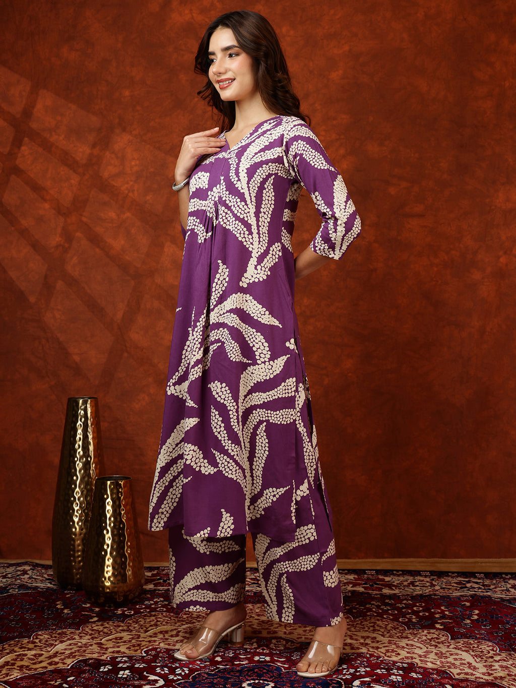 Botanical Printed Kurta With Palazzo Pant, Purple - Hiral Fashion