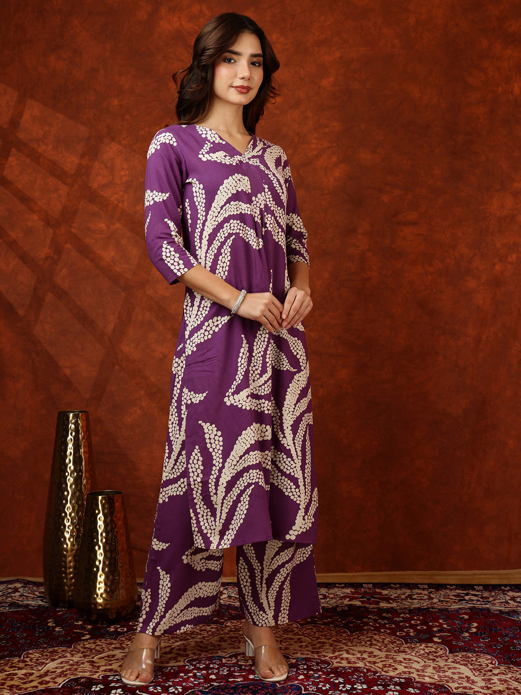 Botanical Printed Kurta With Palazzo Pant, Purple - Hiral Fashion