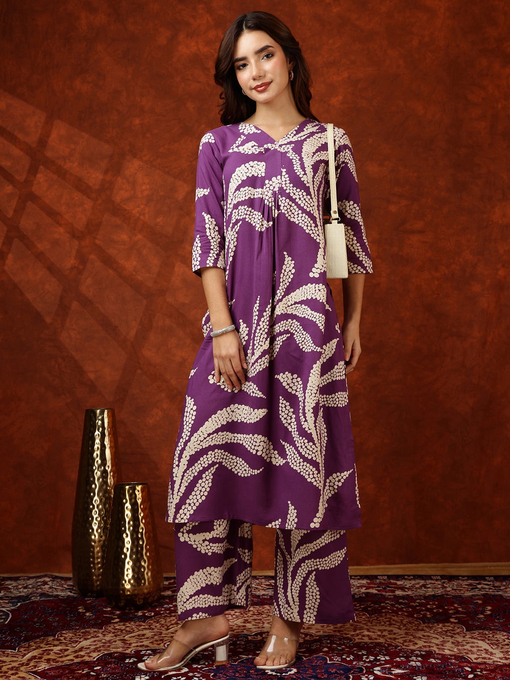 Botanical Printed Kurta With Palazzo Pant, Purple - Hiral Fashion