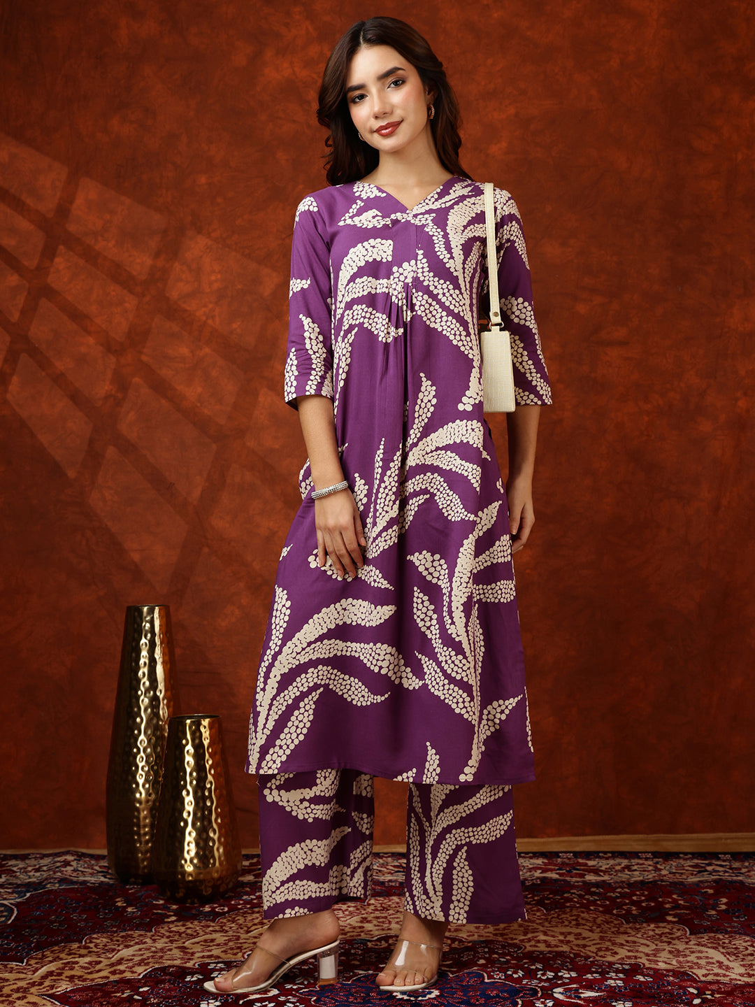 Botanical Printed Kurta With Palazzo Pant, Purple - Hiral Fashion