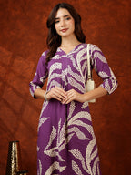 Botanical Printed Kurta With Palazzo Pant, Purple - Hiral Fashion