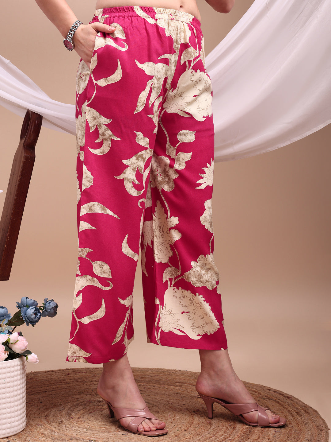 Floral Printed Kurta With Palazzo Pant, Pink - Hiral Fashion - Distacart