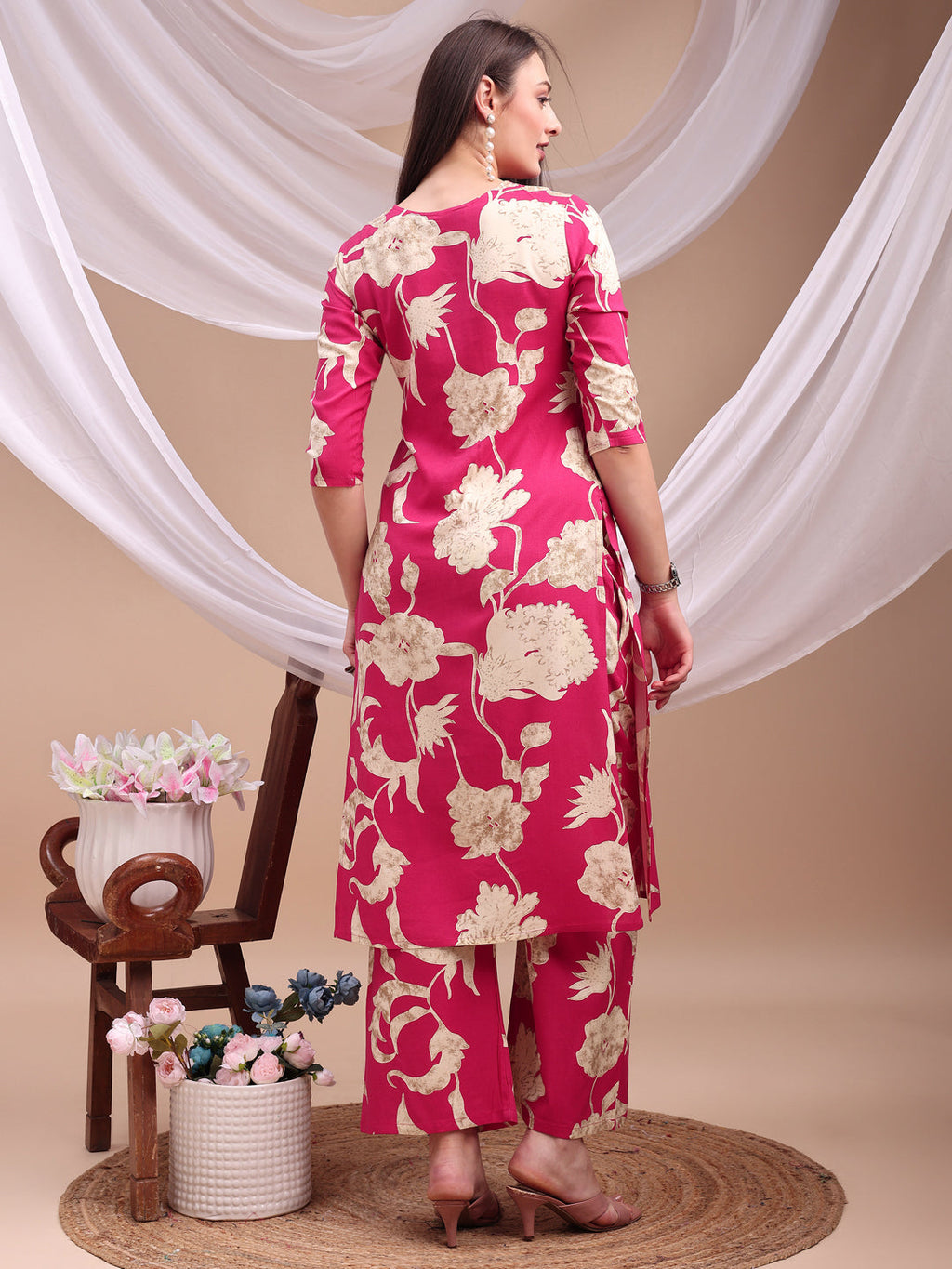 Floral Printed Kurta With Palazzo Pant, Pink - Hiral Fashion - Distacart