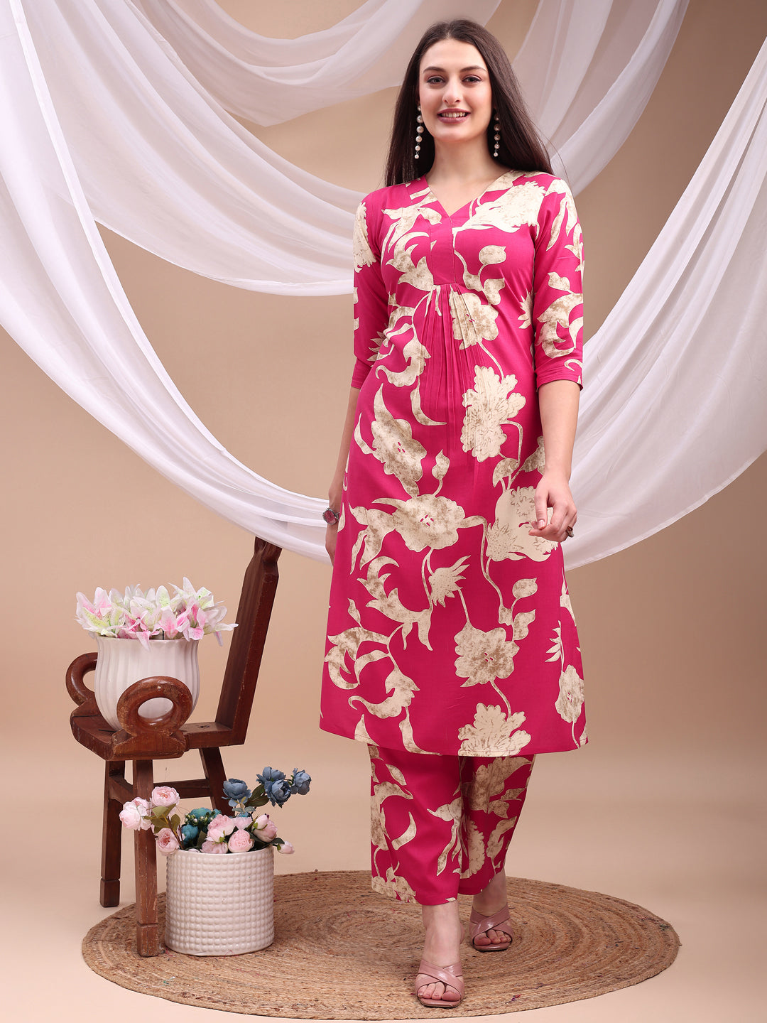 Floral Printed Kurta With Palazzo Pant, Pink - Hiral Fashion - Distacart