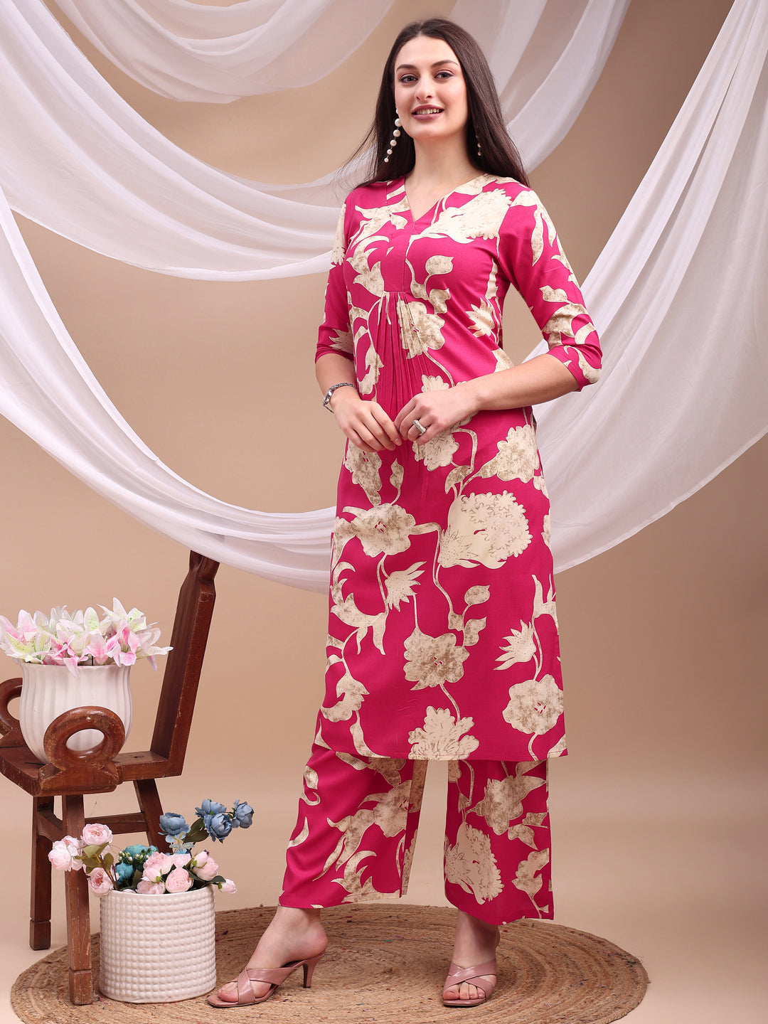 Floral Printed Kurta With Palazzo Pant, Pink - Hiral Fashion - Distacart