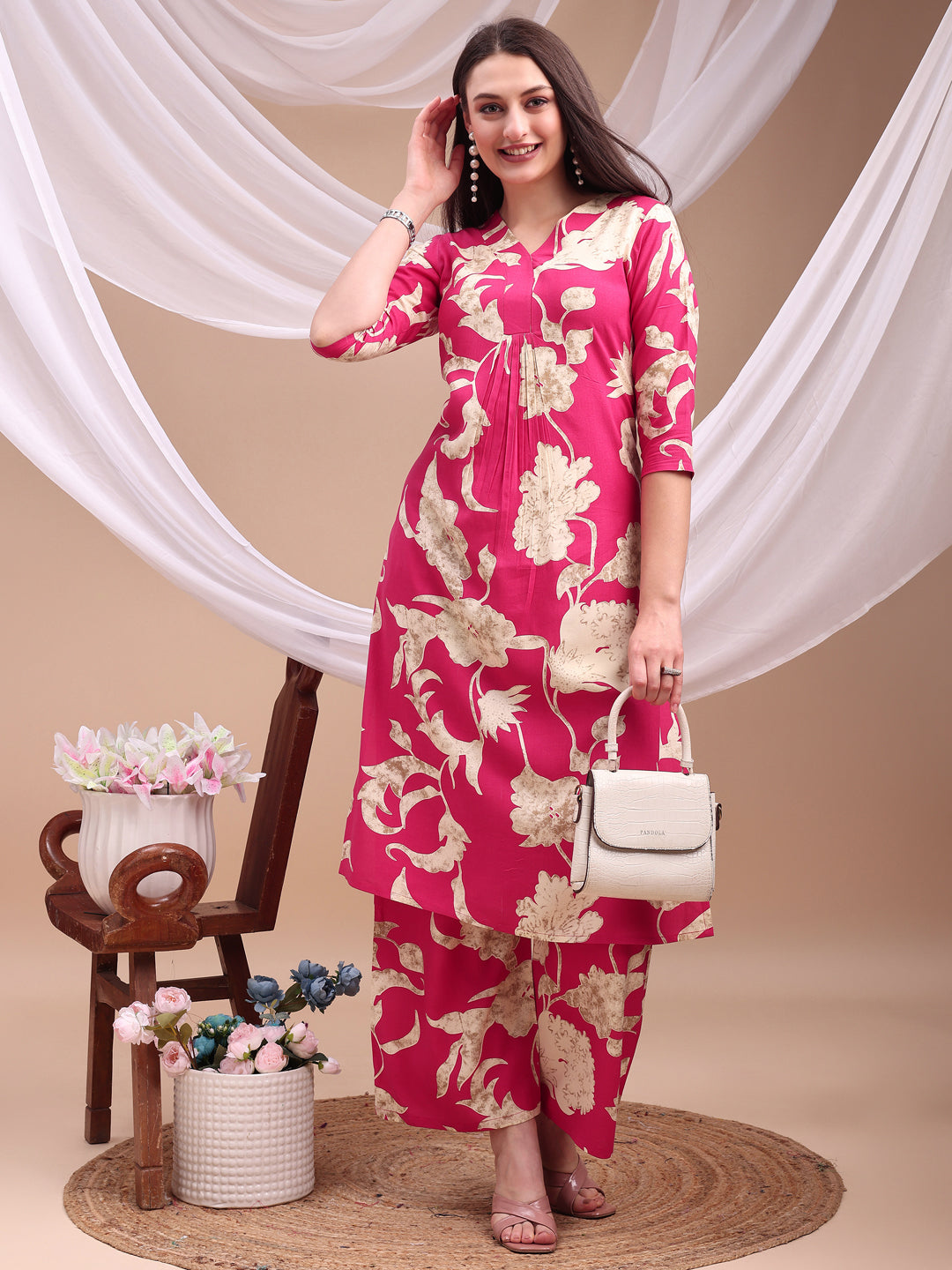 Floral Printed Kurta With Palazzo Pant, Pink - Hiral Fashion - Distacart