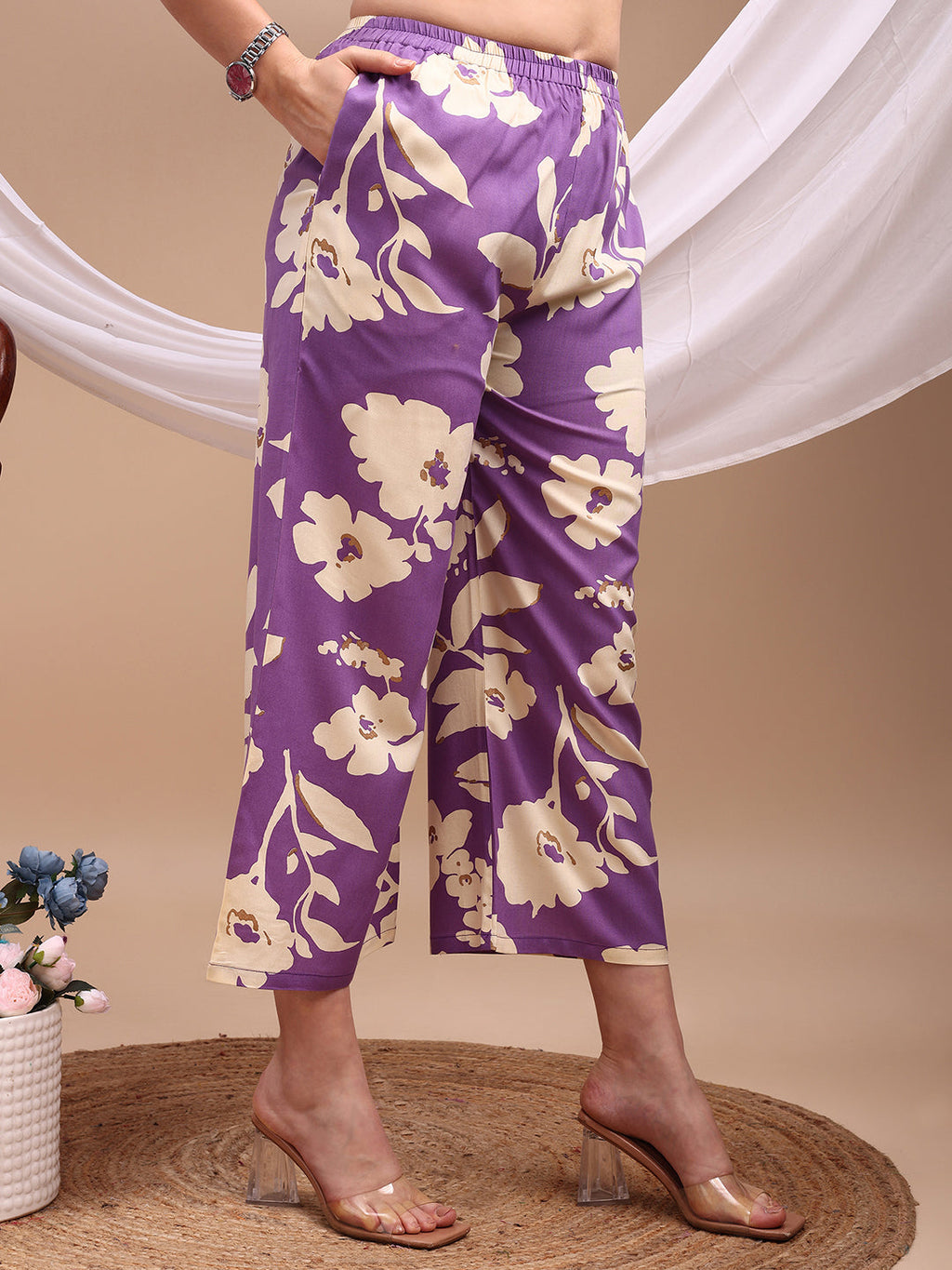 Floral Printed Kurta With Palazzo Pant, Lavender - Hiral Fashion - Distacart