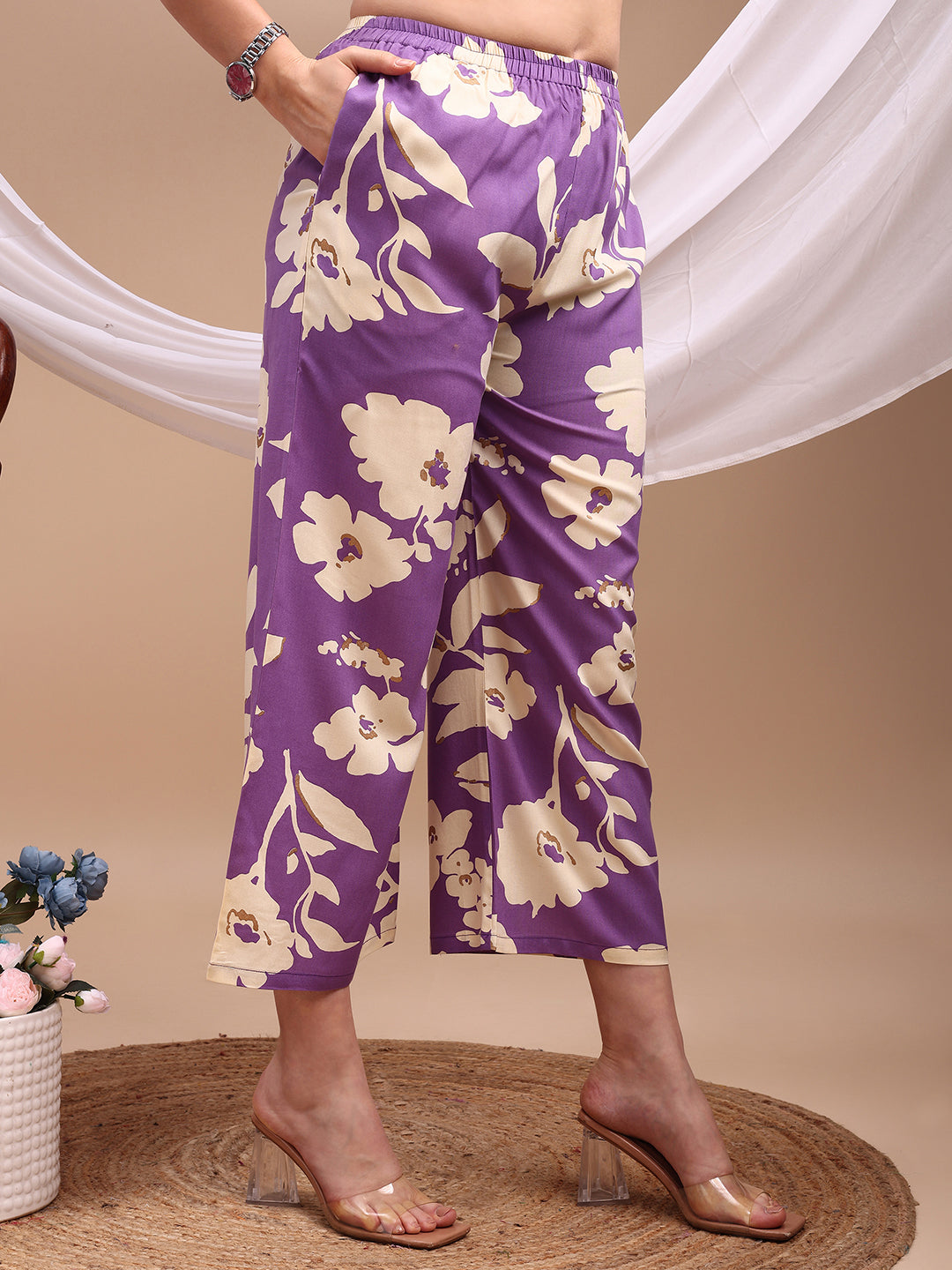 Floral Printed Kurta With Palazzo Pant, Lavender - Hiral Fashion - Distacart