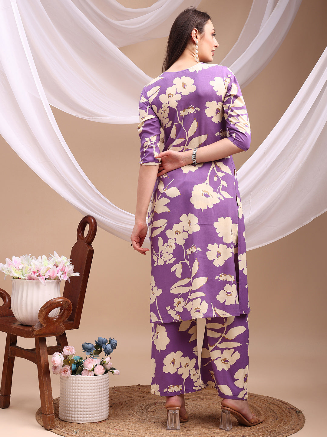Floral Printed Kurta With Palazzo Pant, Lavender - Hiral Fashion - Distacart