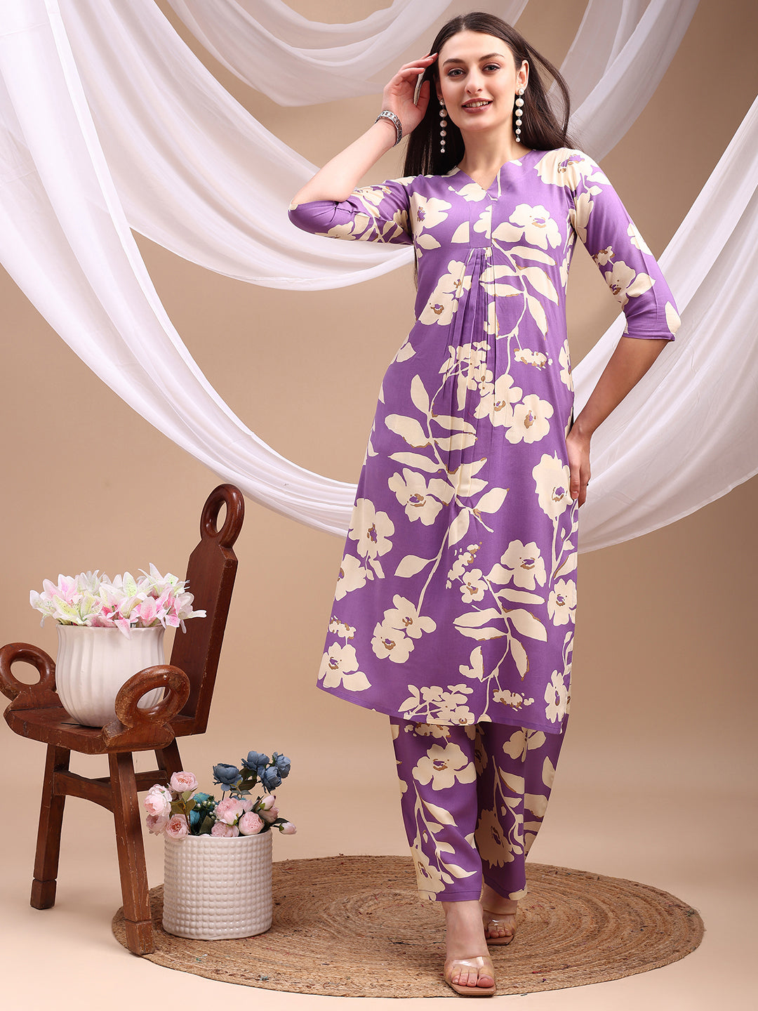 Floral Printed Kurta With Palazzo Pant, Lavender - Hiral Fashion - Distacart