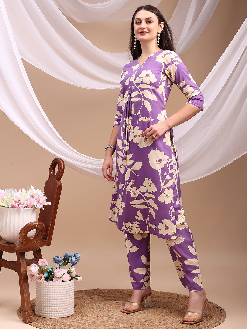 Floral Printed Kurta With Palazzo Pant, Lavender - Hiral Fashion - Distacart