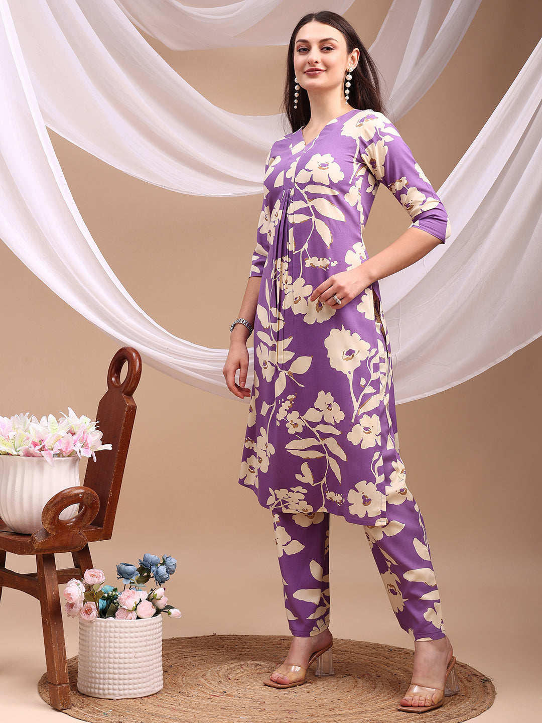 Floral Printed Kurta With Palazzo Pant, Lavender - Hiral Fashion - Distacart
