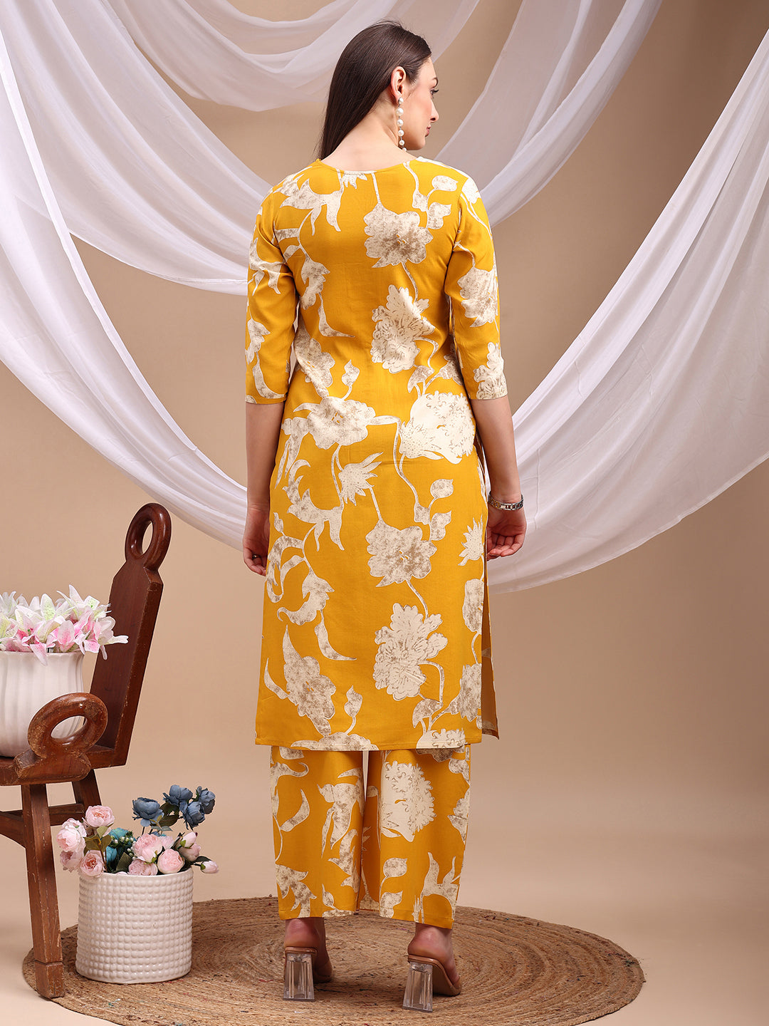 Floral Printed Kurta With Palazzo Pant, Yellow - Hiral Fashion - Distacart