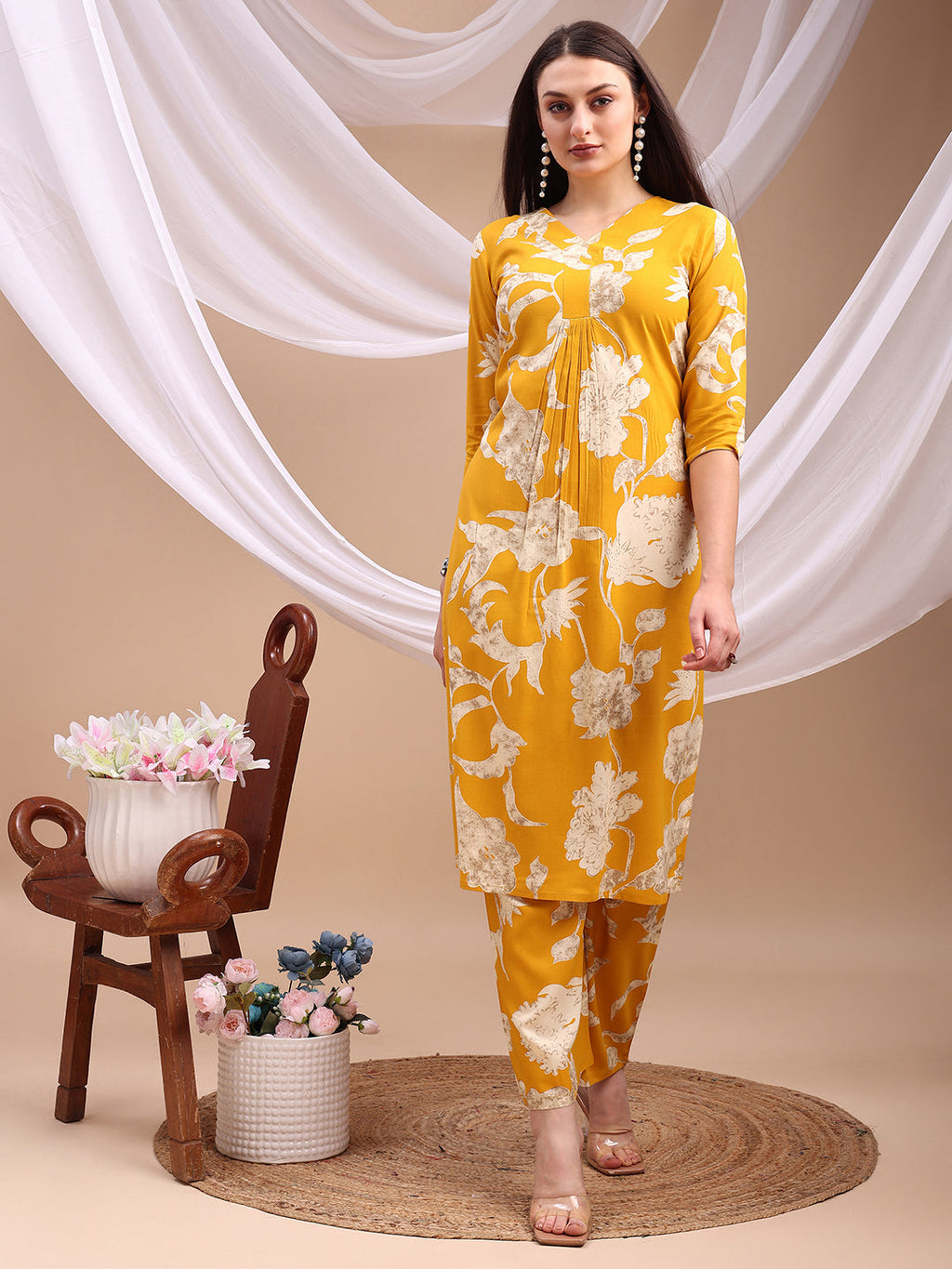 Floral Printed Kurta With Palazzo Pant, Yellow - Hiral Fashion - Distacart