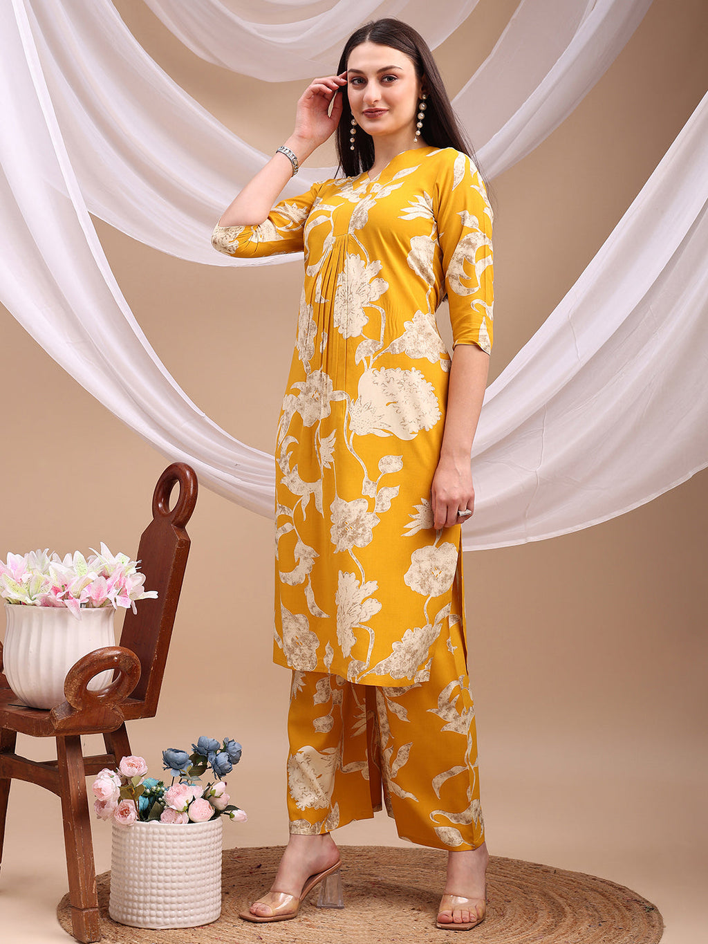 Floral Printed Kurta With Palazzo Pant, Yellow - Hiral Fashion - Distacart