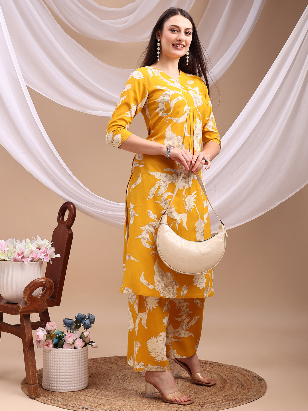 Floral Printed Kurta With Palazzo Pant, Yellow - Hiral Fashion - Distacart