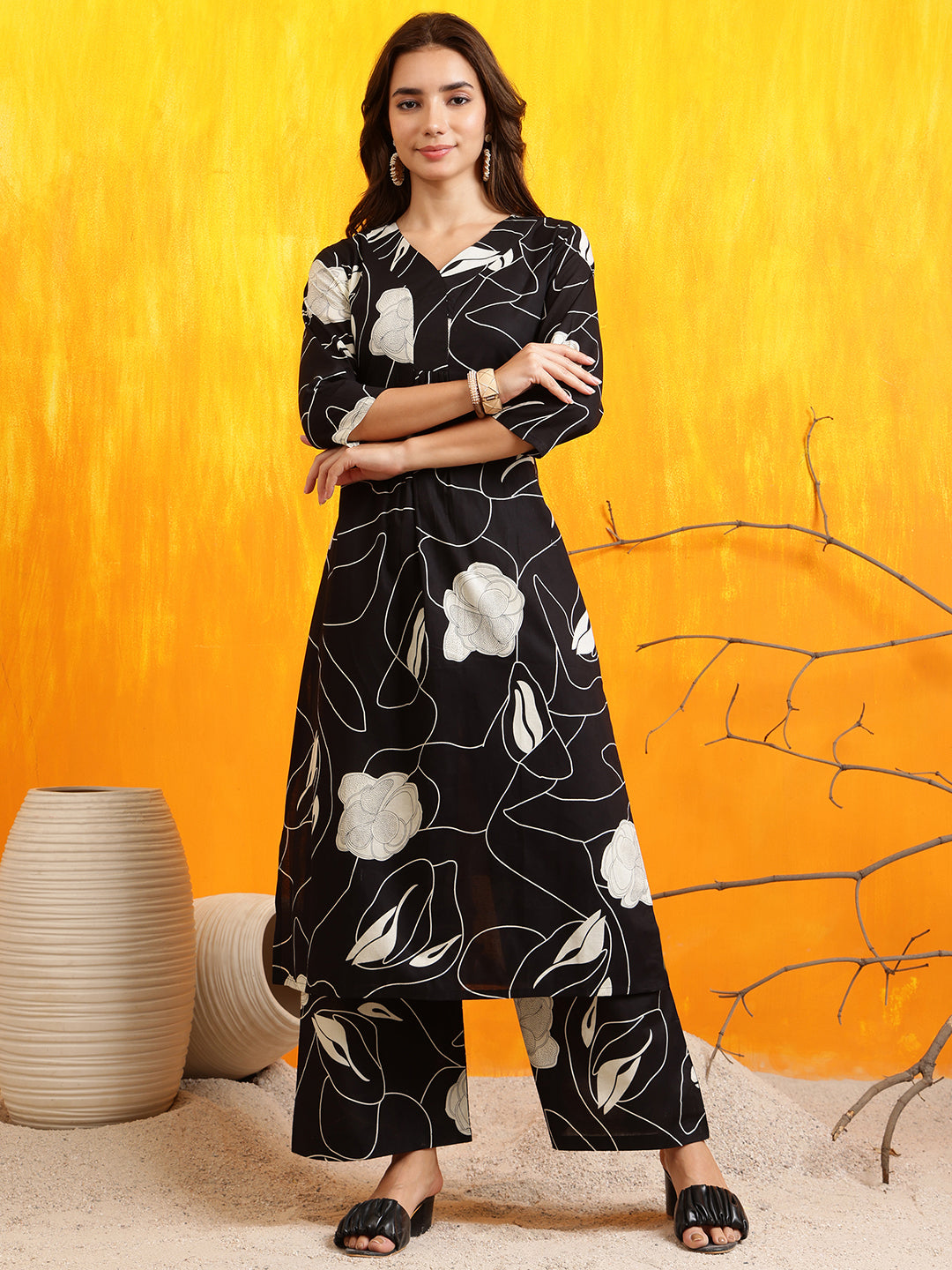 Printed Kurta With Palazzo Pants, Black - Hiral Fashion - Distacart