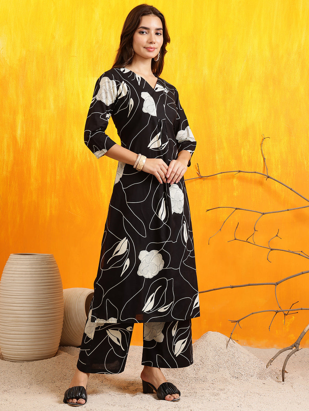 Printed Kurta With Palazzo Pants, Black - Hiral Fashion - Distacart