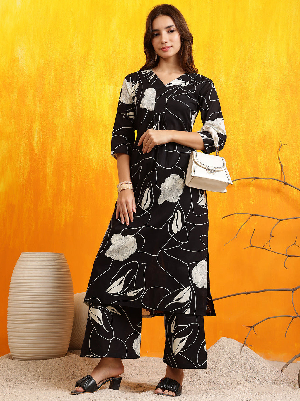 Printed Kurta With Palazzo Pants, Black - Hiral Fashion - Distacart