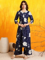 Printed Kurta With Palazzo Pants, Navy Blue - Hiral Fashion - Distacart