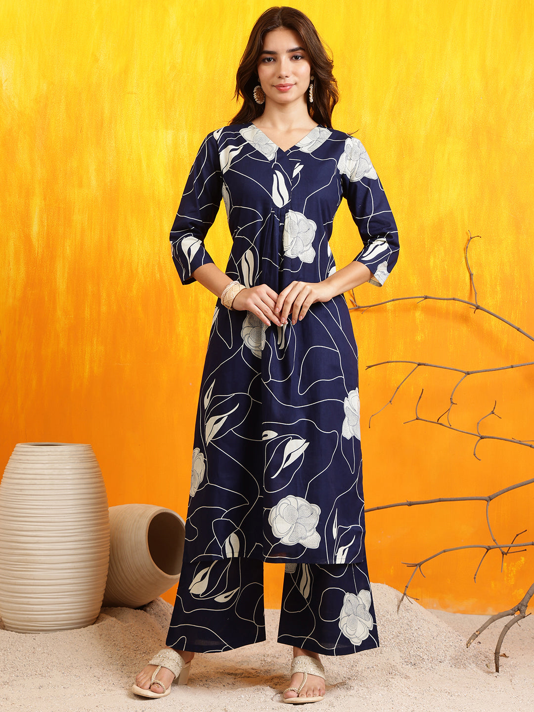 Printed Kurta With Palazzo Pants, Navy Blue - Hiral Fashion - Distacart