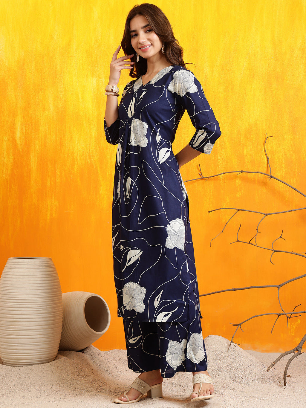 Printed Kurta With Palazzo Pants, Navy Blue - Hiral Fashion - Distacart
