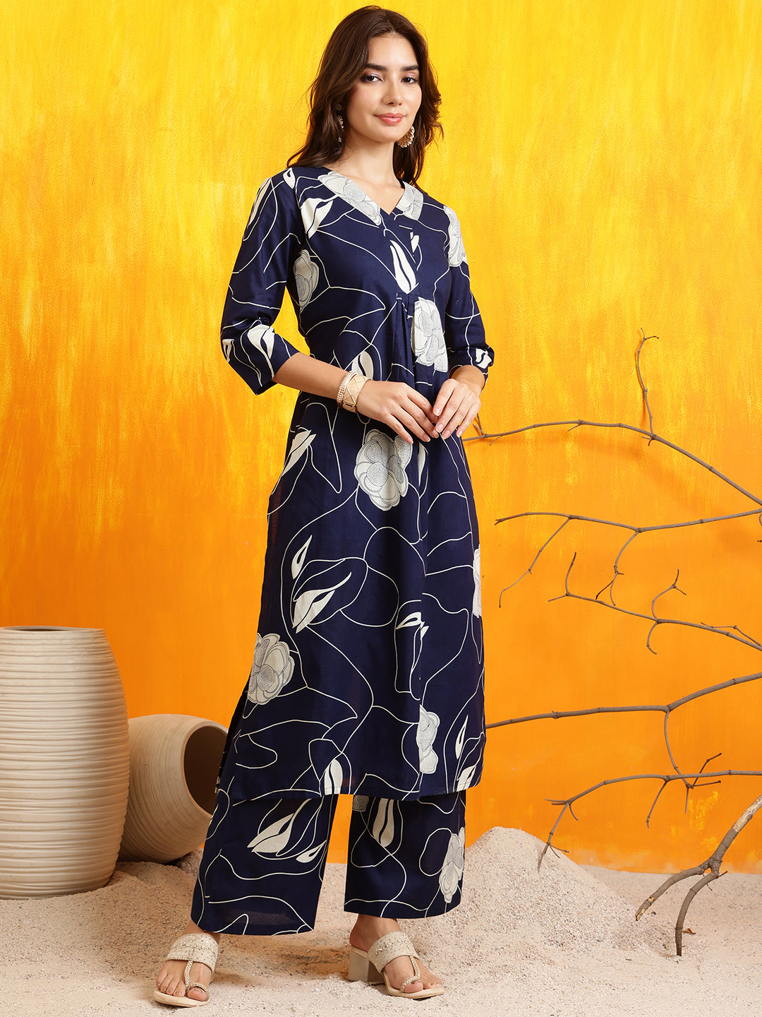 Printed Kurta With Palazzo Pants, Navy Blue - Hiral Fashion - Distacart