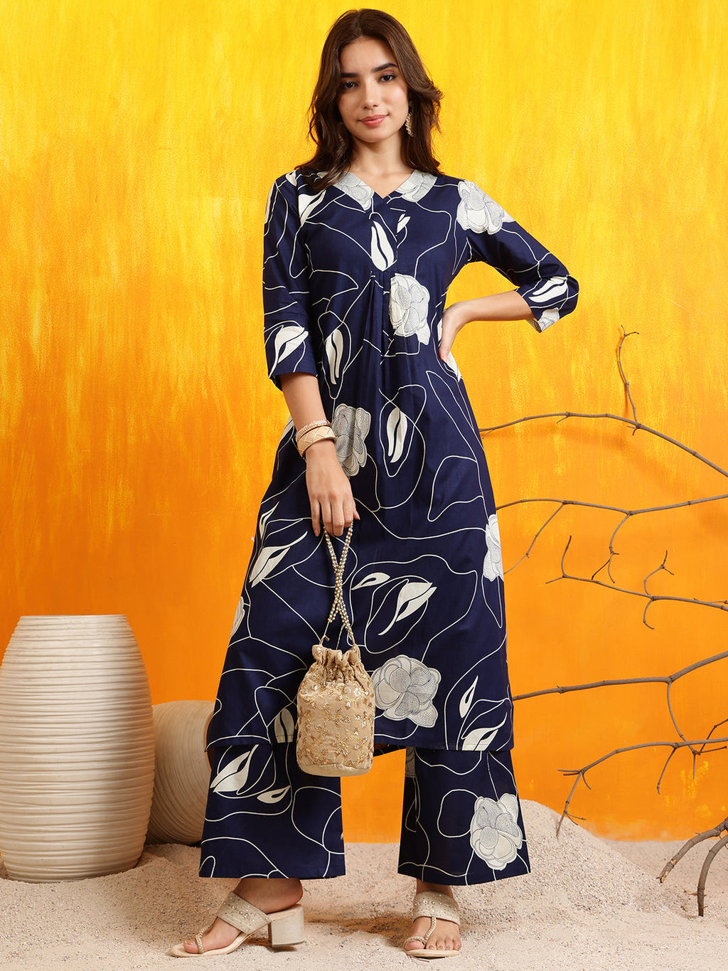 Printed Kurta With Palazzo Pants, Navy Blue - Hiral Fashion - Distacart