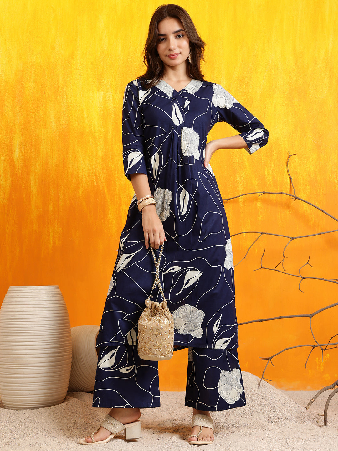 Printed Kurta With Palazzo Pants, Navy Blue - Hiral Fashion - Distacart