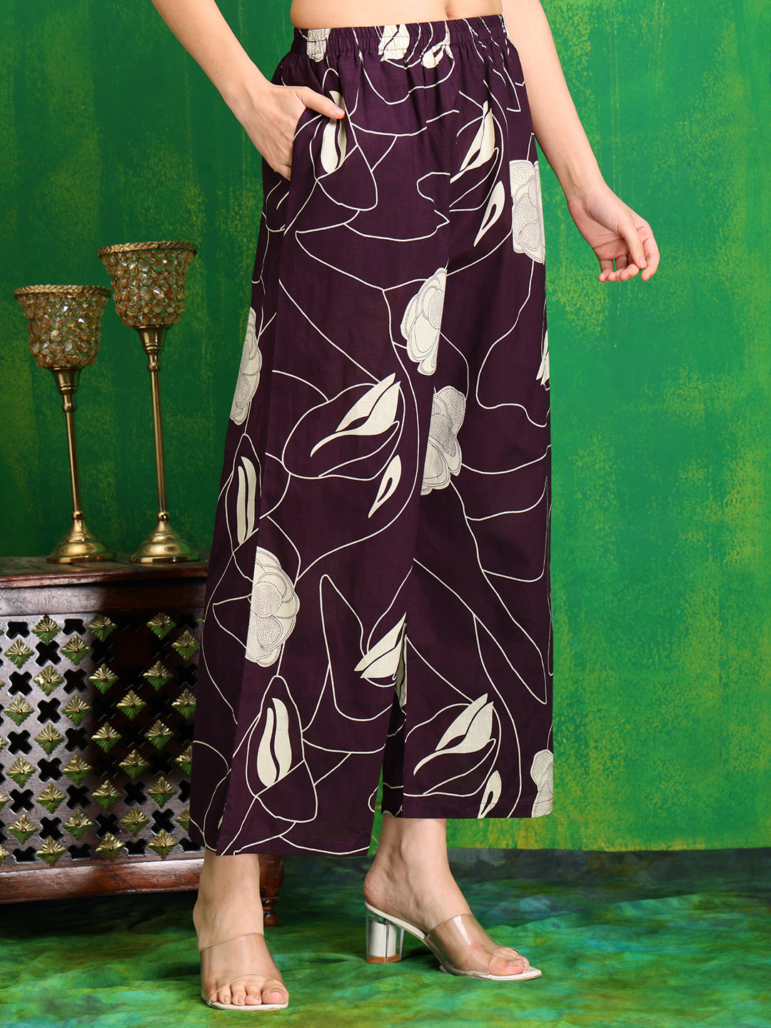 Printed Kurta With Palazzo Pants, Wine - Hiral Fashion