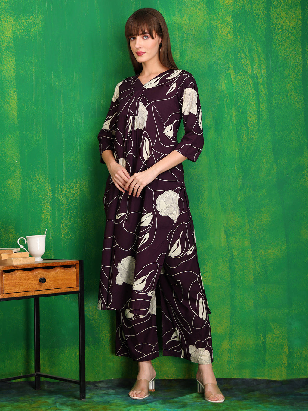 Printed Kurta With Palazzo Pants, Wine - Hiral Fashion