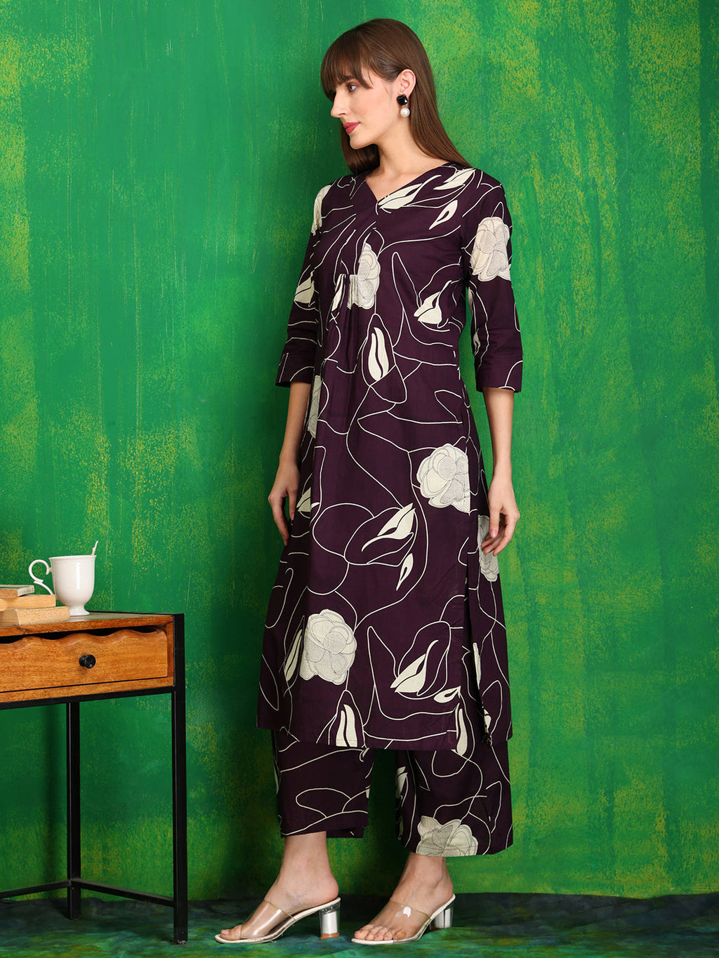 Printed Kurta With Palazzo Pants, Wine - Hiral Fashion