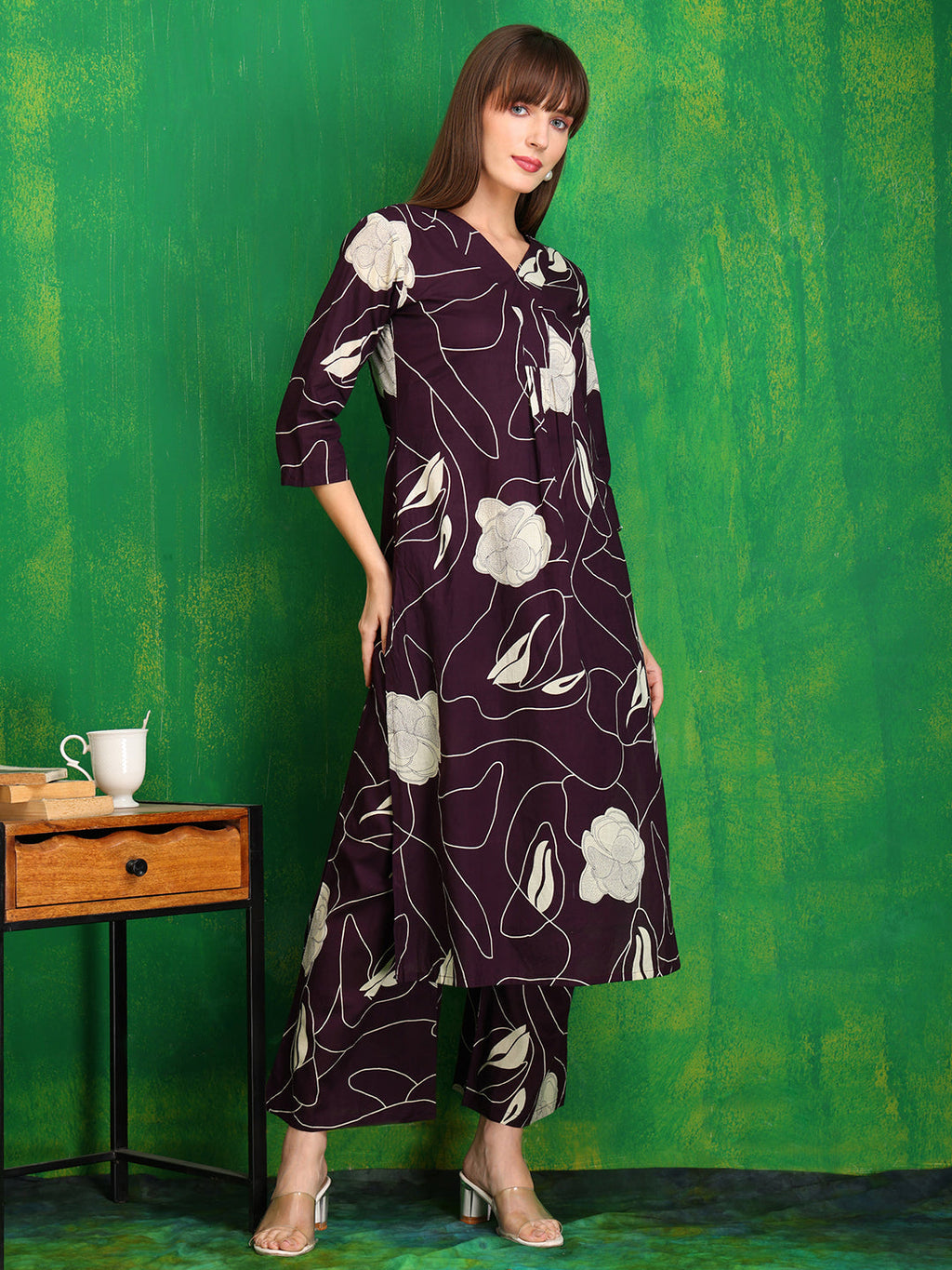 Printed Kurta With Palazzo Pants, Wine - Hiral Fashion