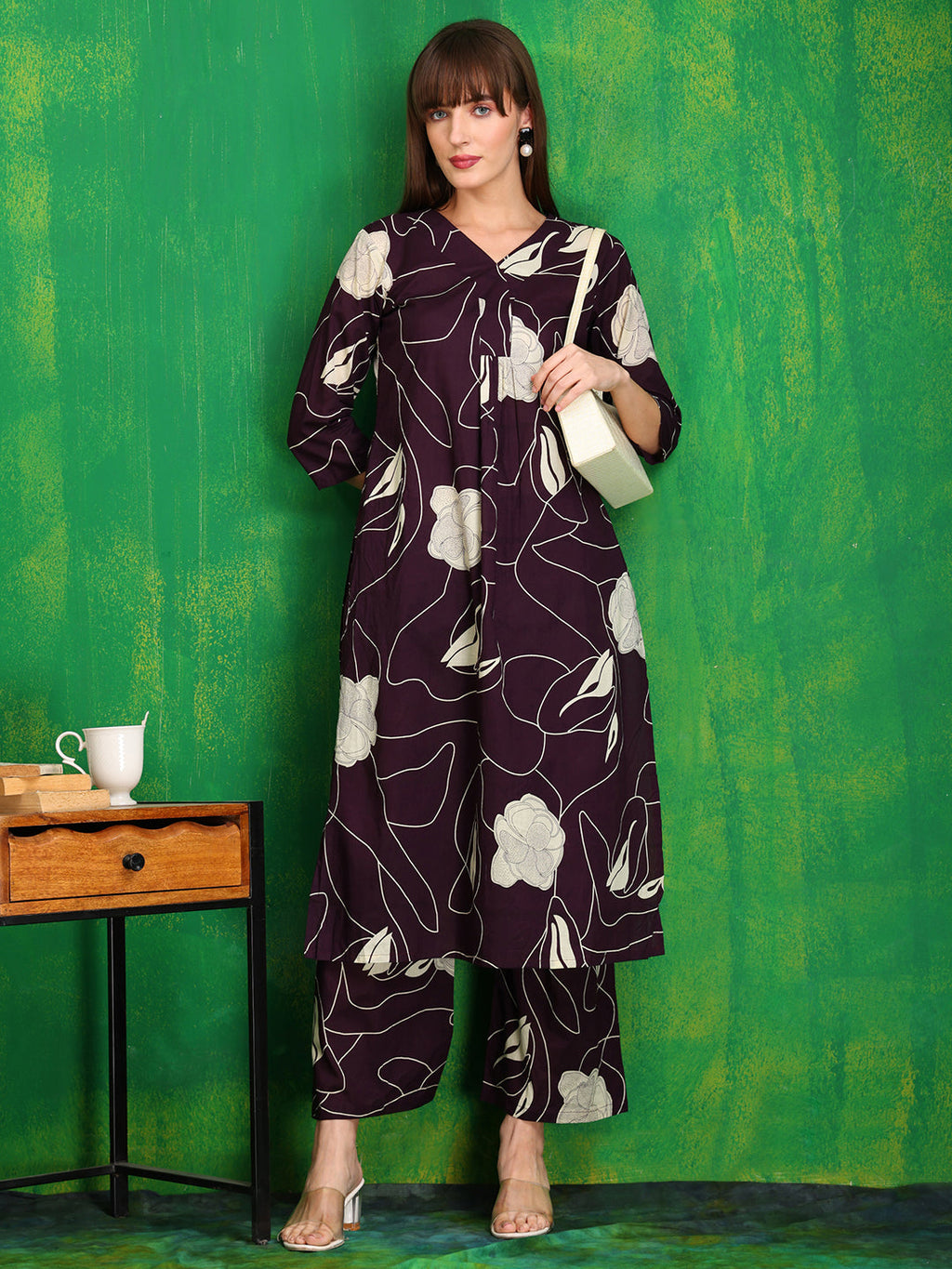 Printed Kurta With Palazzo Pants, Wine - Hiral Fashion