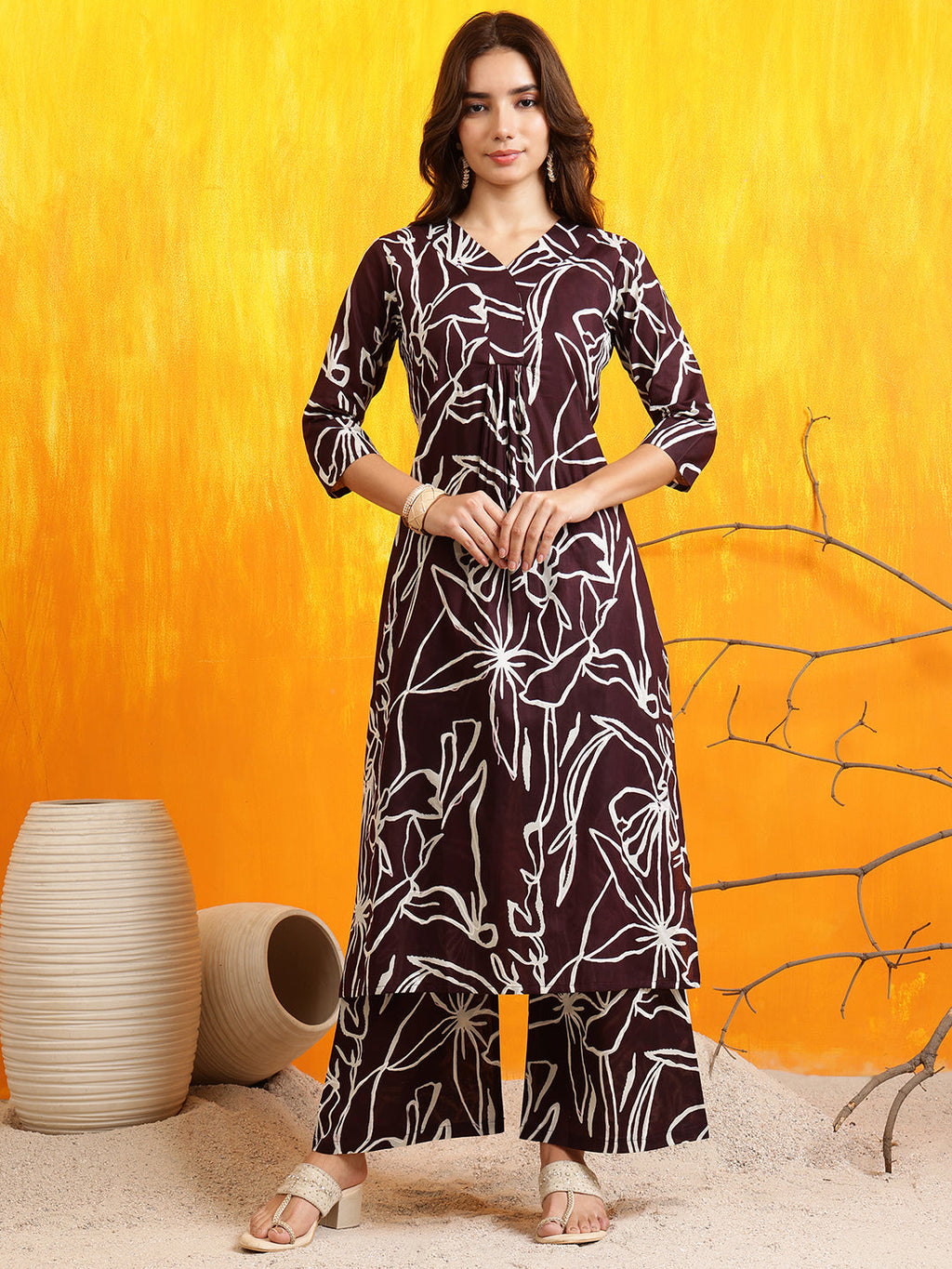 Printed Kurta With Palazzo Pants, Wine - Hiral Fashion - Distacart