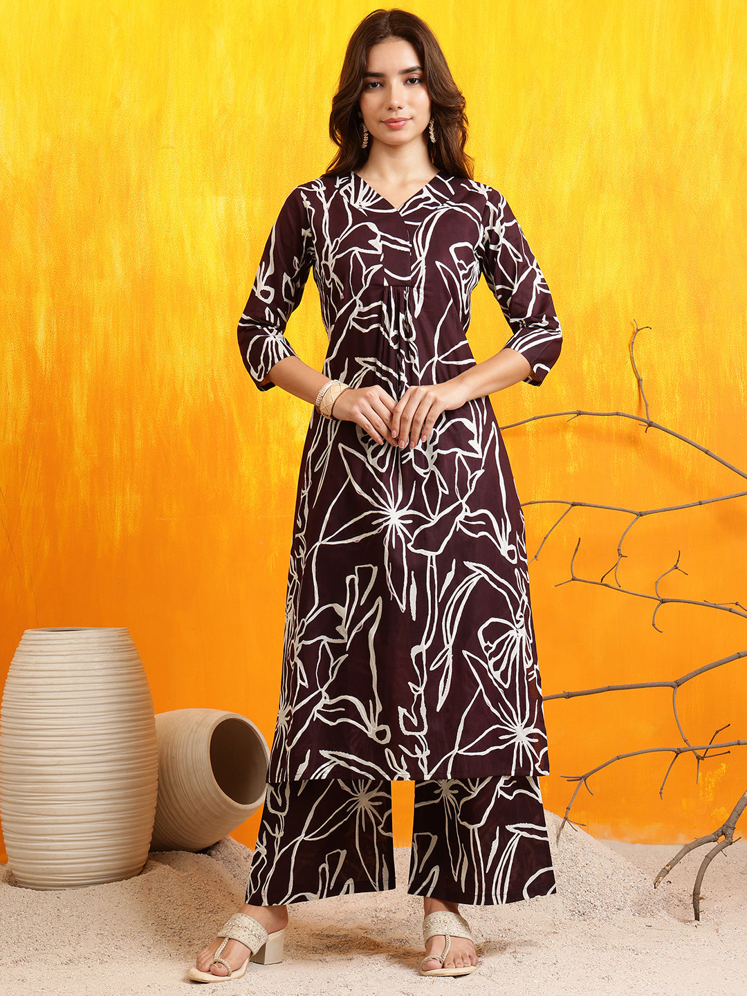 Printed Kurta With Palazzo Pants, Wine - Hiral Fashion - Distacart