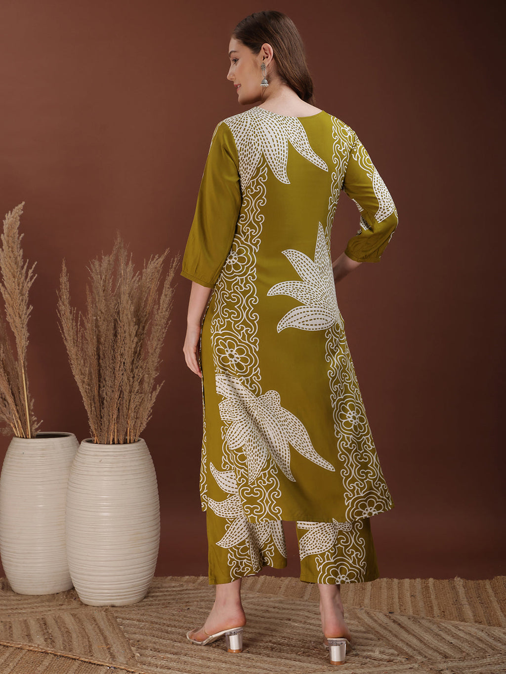 Hand Embroidered With Floral & Leaf Printed Kurta And Palazzo, Olive - Hiral Fashion - Distacart