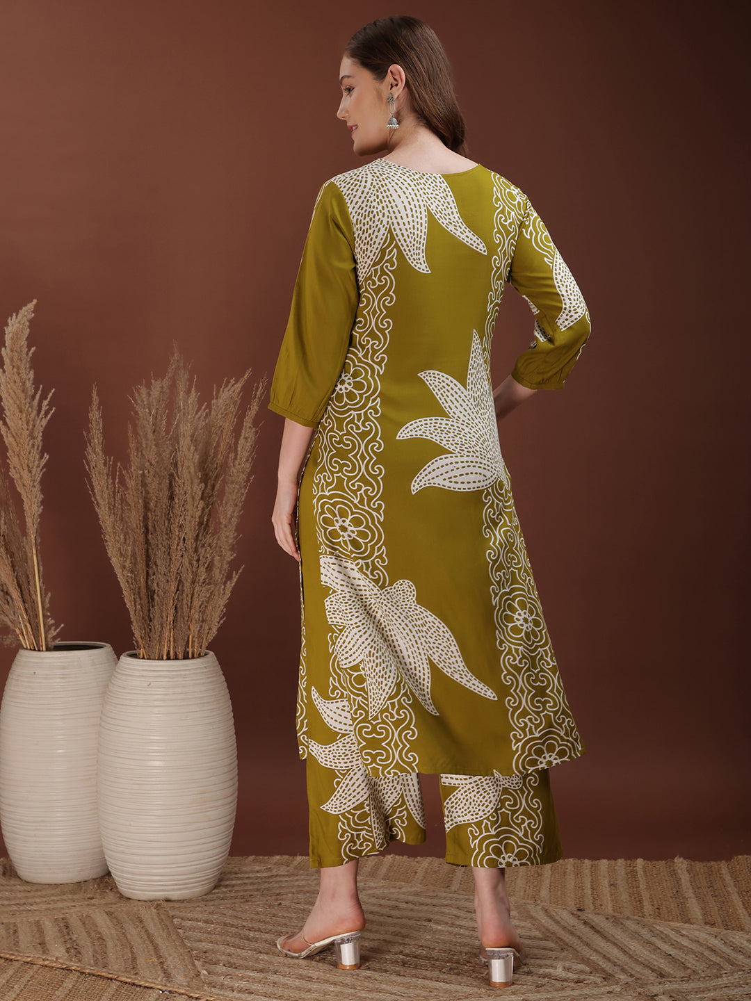 Hand Embroidered With Floral & Leaf Printed Kurta And Palazzo, Olive - Hiral Fashion - Distacart