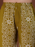 Hand Embroidered With Floral & Leaf Printed Kurta And Palazzo, Olive - Hiral Fashion - Distacart