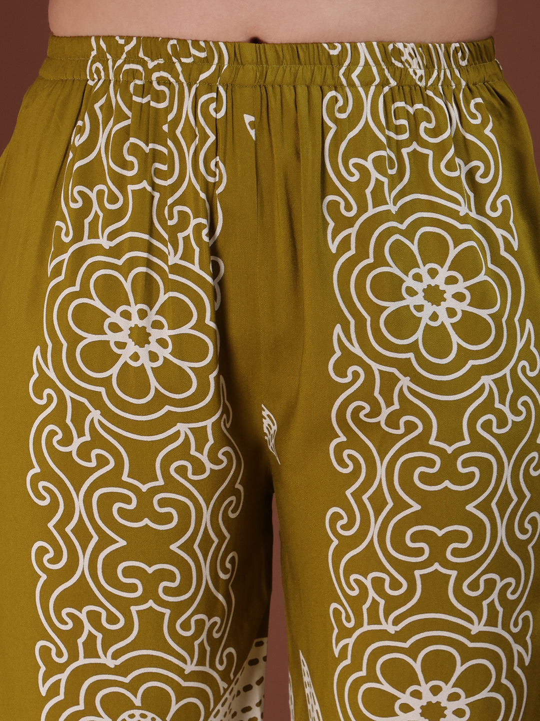 Hand Embroidered With Floral & Leaf Printed Kurta And Palazzo, Olive - Hiral Fashion - Distacart