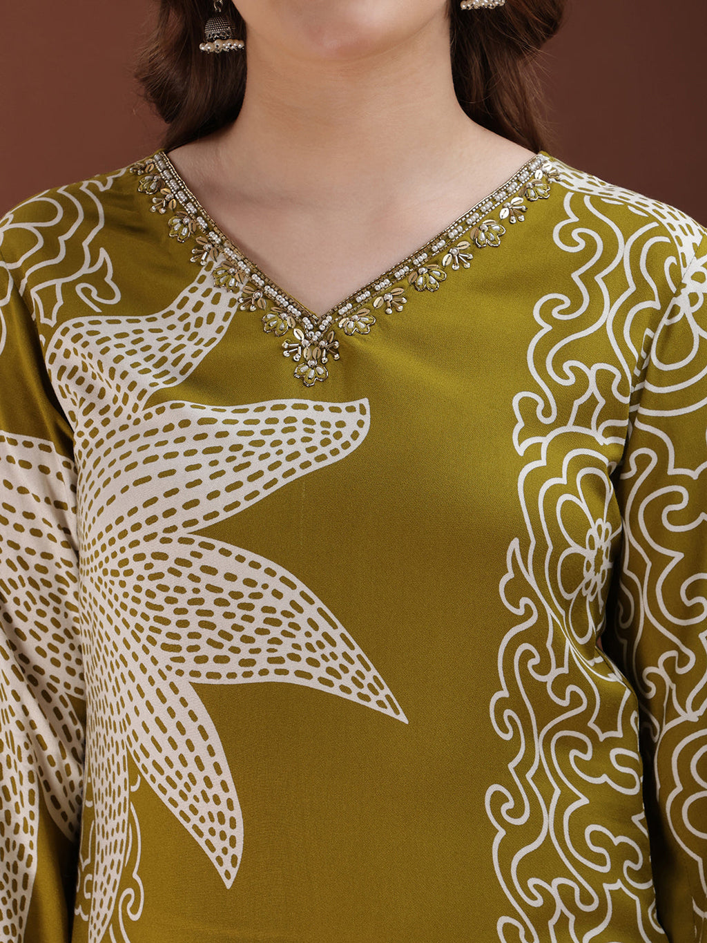 Hand Embroidered With Floral & Leaf Printed Kurta And Palazzo, Olive - Hiral Fashion - Distacart
