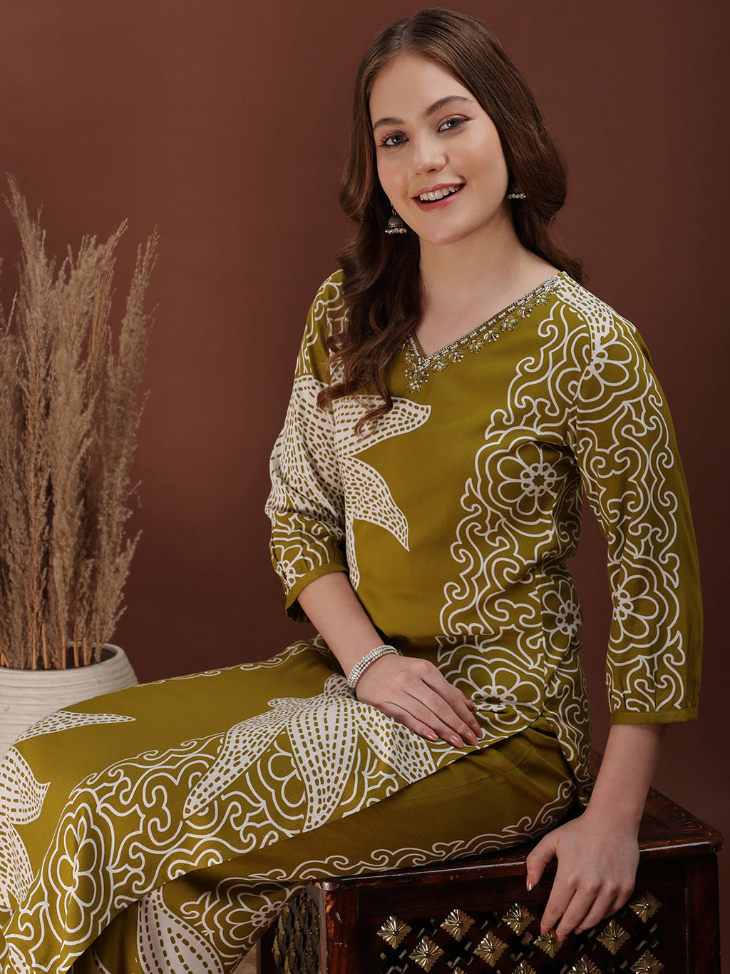 Hand Embroidered With Floral & Leaf Printed Kurta And Palazzo, Olive - Hiral Fashion - Distacart